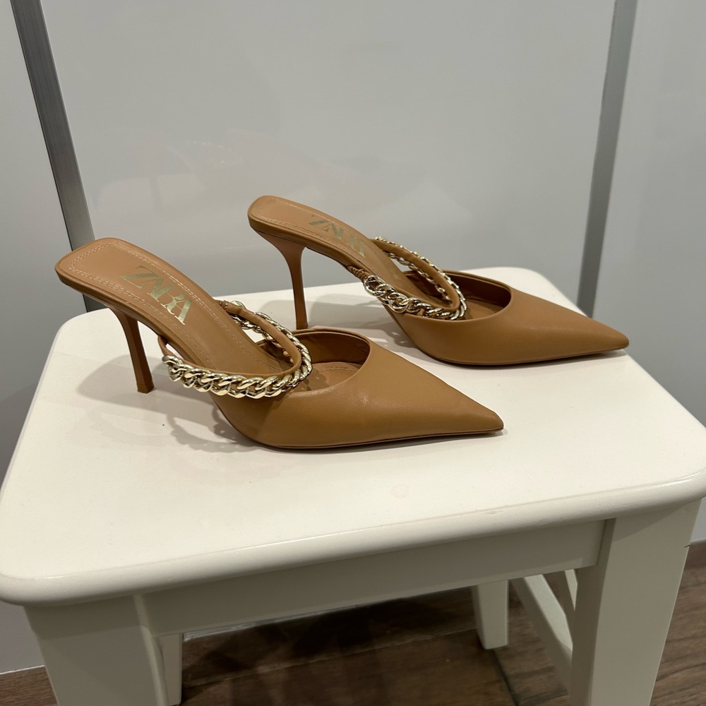 Zara Tan Pointed Toe Heels with Chain Detail